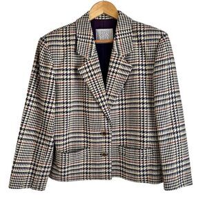 Surrey Classics Vintage Tan and Purple Houndstooth Check Silk Wool Blend Blazer